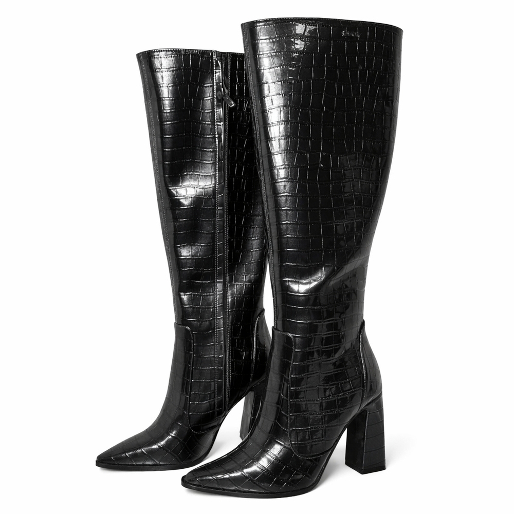 DKNY Croc Embossed Knee High Boots Women’s Size 7 Block Heel Zip MSRP $175